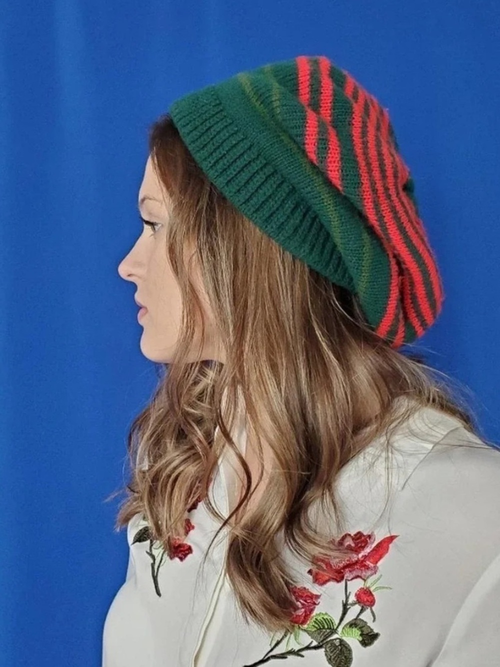 Vintage betmar Green Knit Beret with Red Stripes